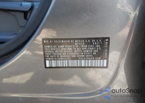 2017 Volkswagen Jetta 1.4T Se z USA, uszkodzony, nr VIN 3VWDB7AJ2HM404290